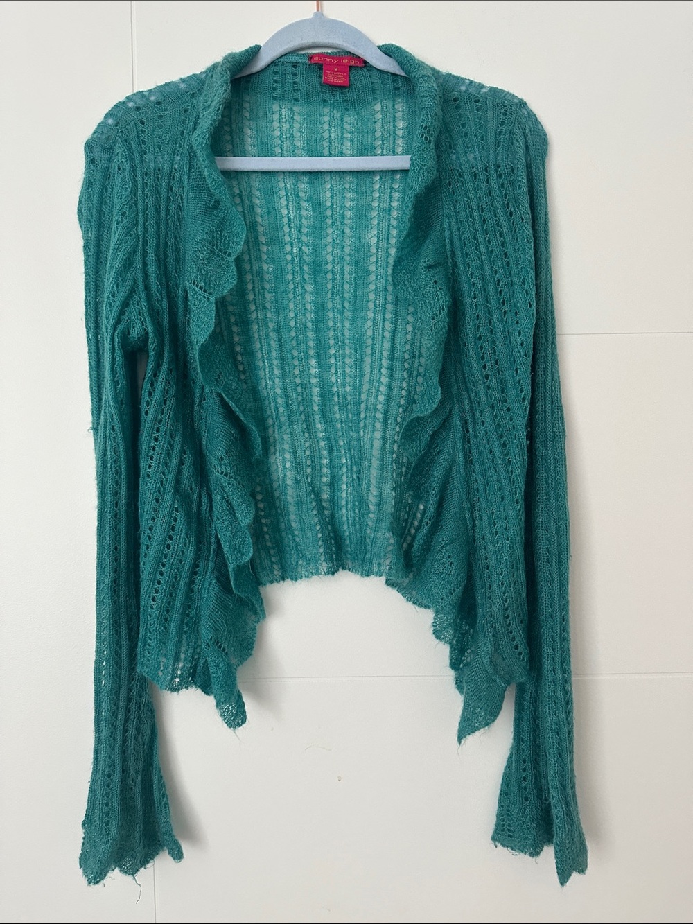 Sunny Leigh Teal Ruffle-Trim Open Knit Cardigan